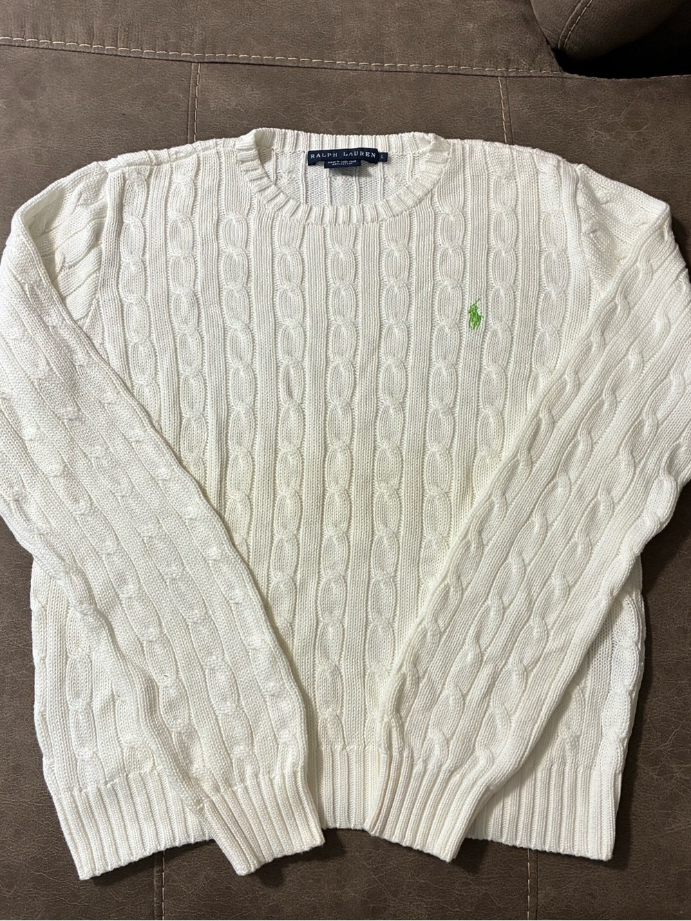 Polo Ralph Lauren Cable Knit Sweater Women L White Cotton Pony Logo